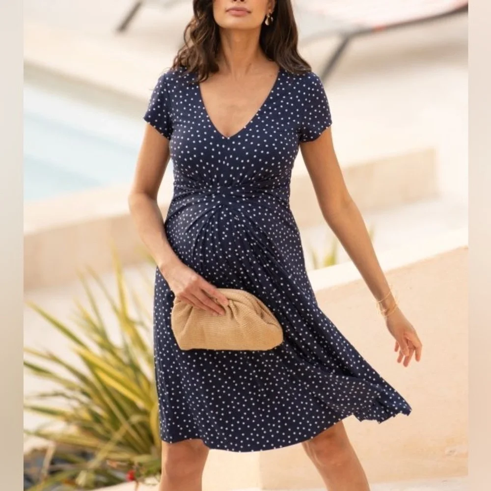 Seraphine Maternity Jersey Knit Dress Cap Sleeve Navy Blue Polka Dot NWT - Picture 12 of 13